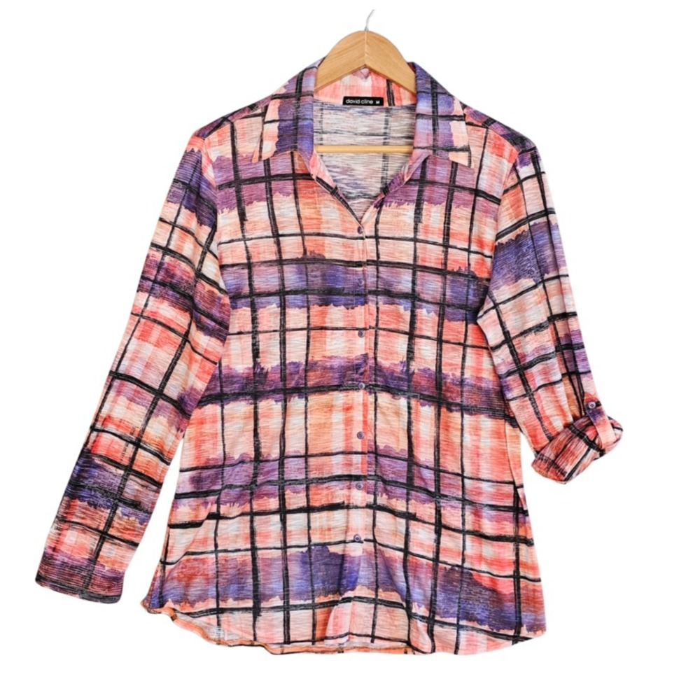 David Cline Snap Front Blouse Womens M Plaid Knit Roll Tab Shirt Made in USA